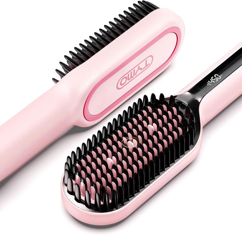 TYMO Hair Straightener Brush - Upgraded Ionic Plus Straightening Brush with Dense Bristles, 16 Temps, Dual Voltage | Ceramic Hot Comb for Women | Flat Iron for Thick Curly Hair, Pink - Image 1